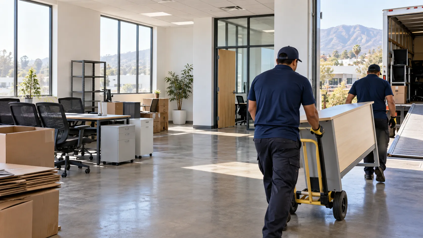 Commercial office furniture being moved safely toward a loading truck
